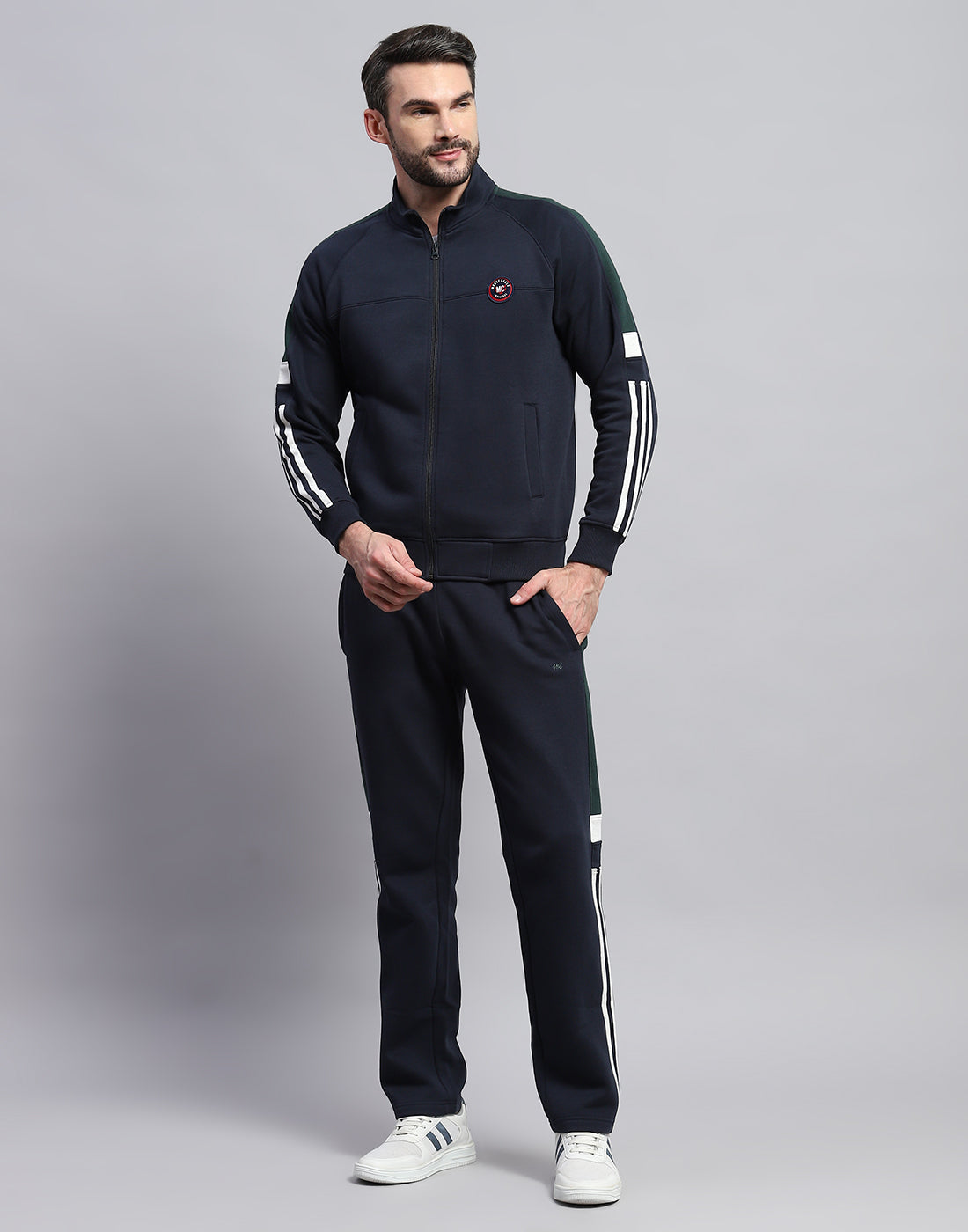 Men Navy Blue Solid Band Collar Full Sleeve Winter Tracksuit