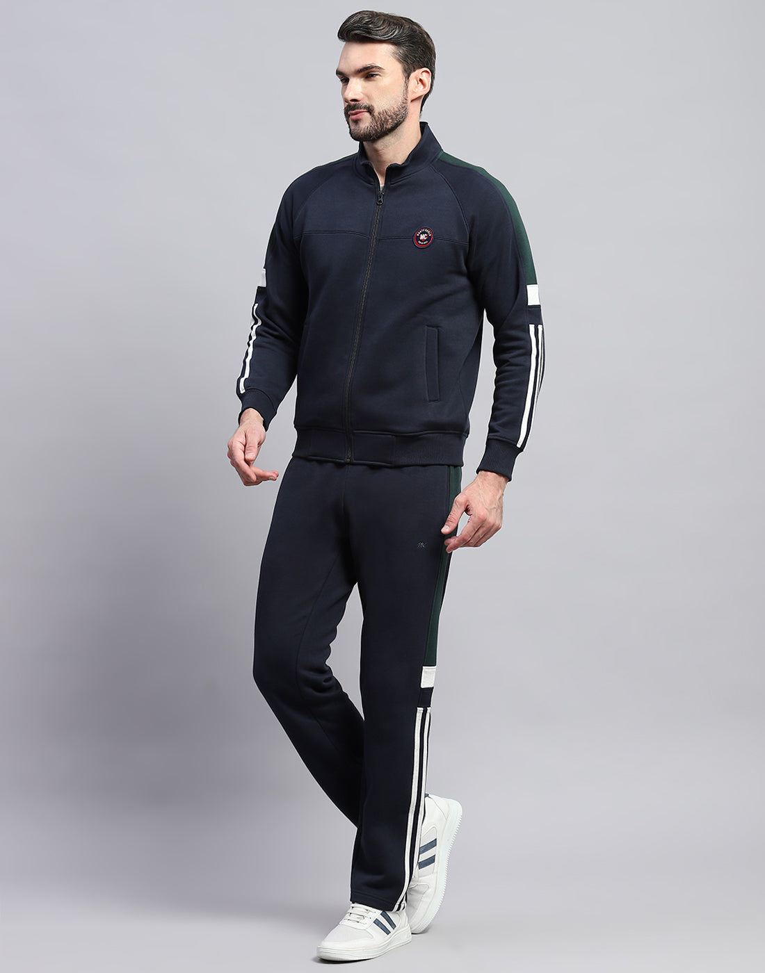 Men Navy Blue Solid Band Collar Full Sleeve Winter Tracksuit