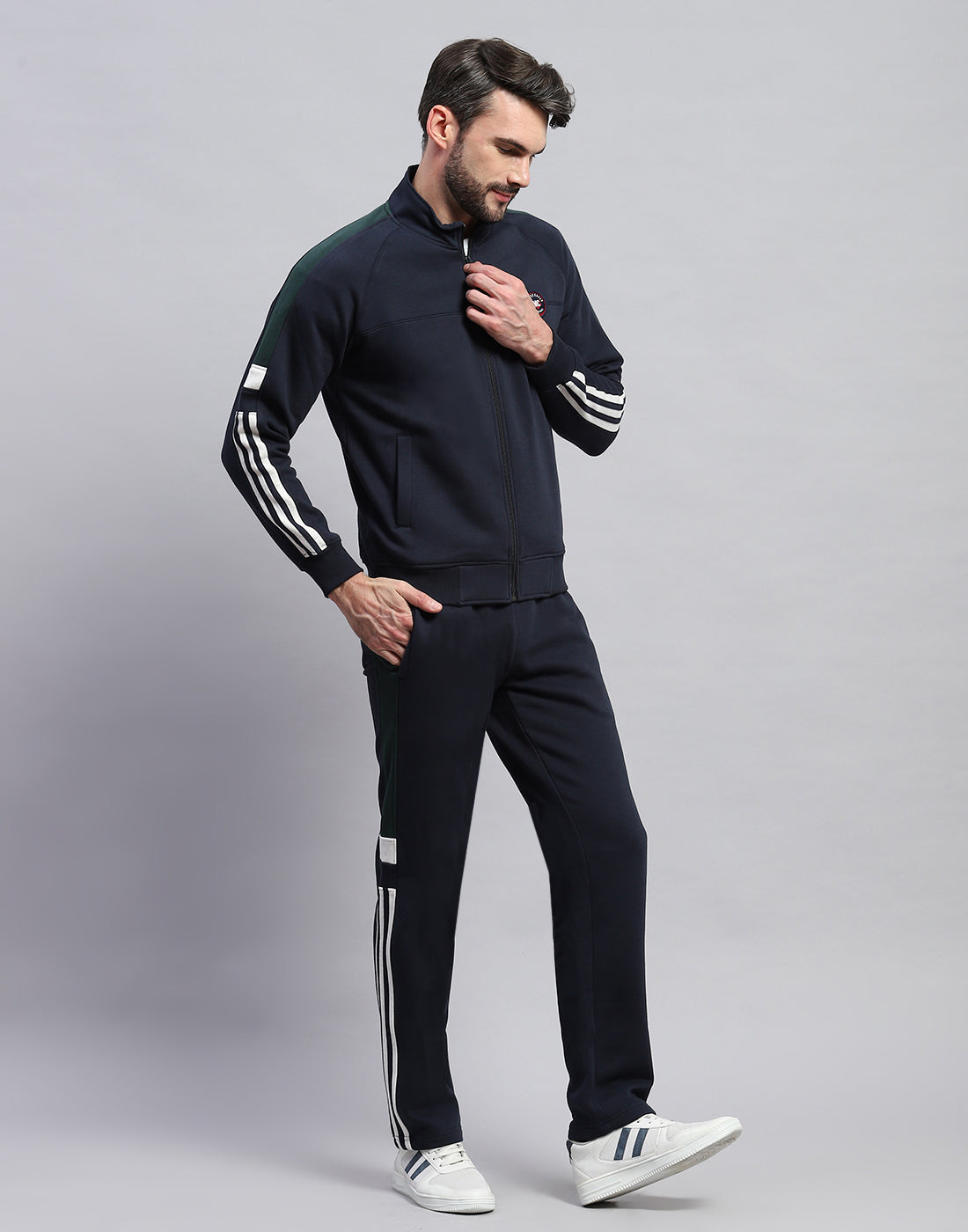 Men Navy Blue Solid Band Collar Full Sleeve Winter Tracksuit