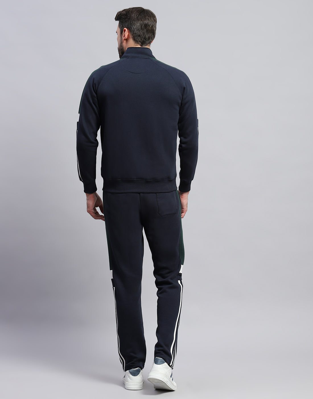 Men Navy Blue Solid Band Collar Full Sleeve Winter Tracksuit