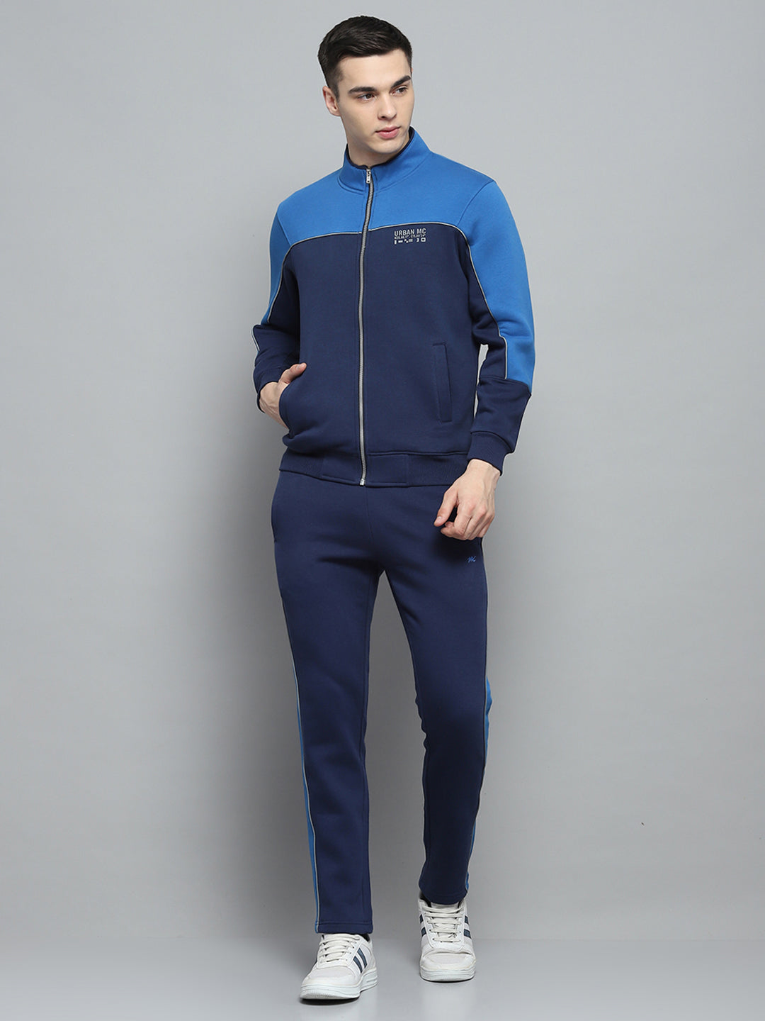 Men Navy Blue Solid Mock Neck Full Sleeve Winter Tracksuit