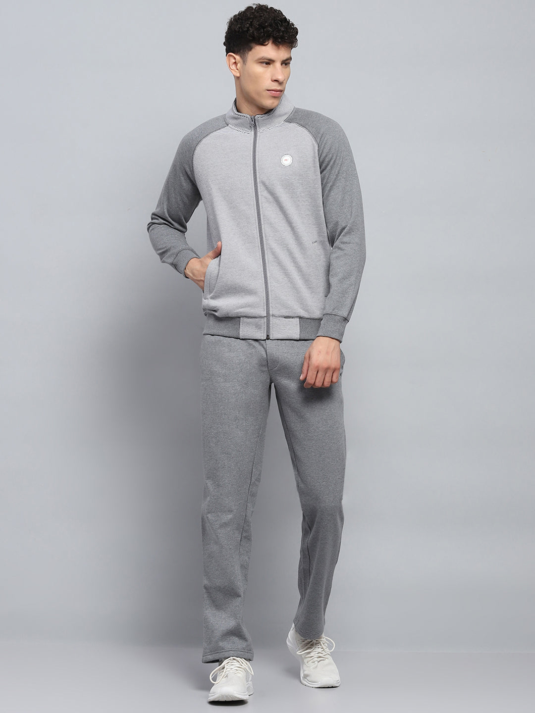 Men Grey Solid Mock Neck Full Sleeve Winter Tracksuit