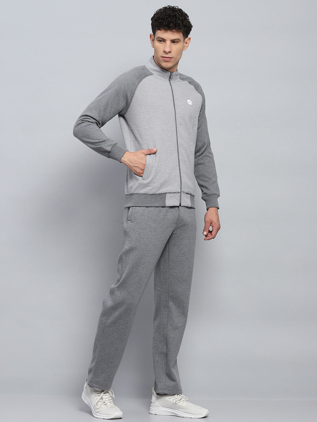 Men Grey Solid Mock Neck Full Sleeve Winter Tracksuit