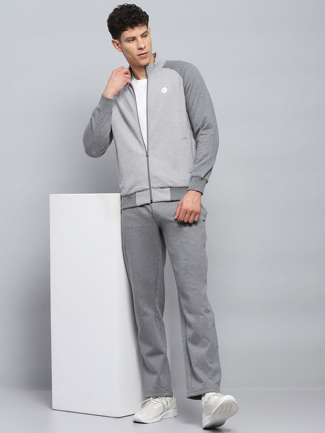 Men Grey Solid Mock Neck Full Sleeve Winter Tracksuit