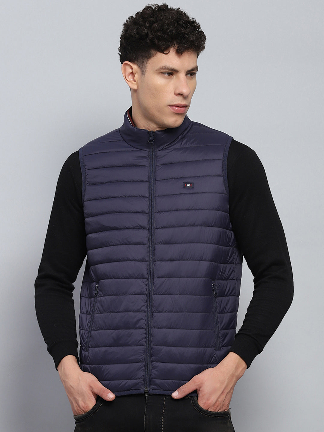 Men Navy Blue Solid Mock Neck Sleeveless Jacket