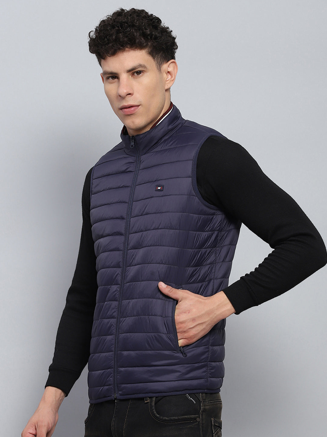 Men Navy Blue Solid Mock Neck Sleeveless Jacket