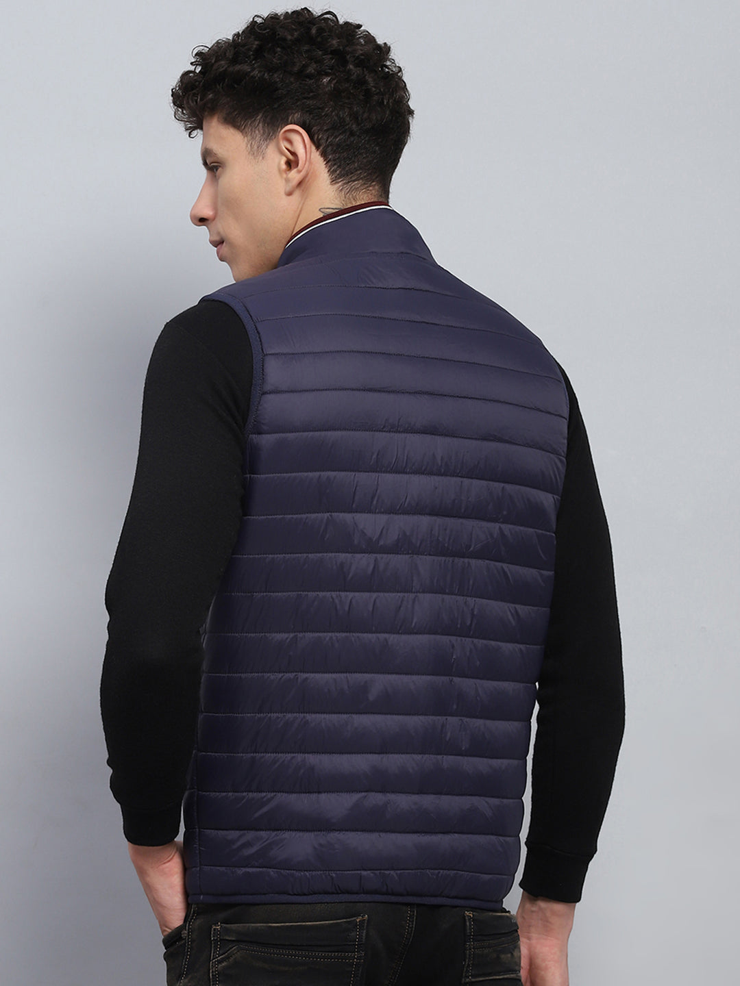 Men Navy Blue Solid Mock Neck Sleeveless Jacket