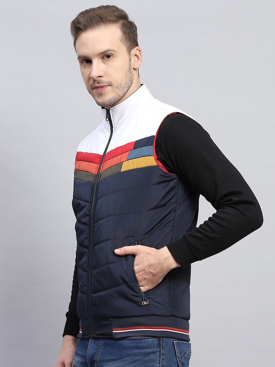 Men Navy Blue Self Design Mock Neck Sleeveless Jacket