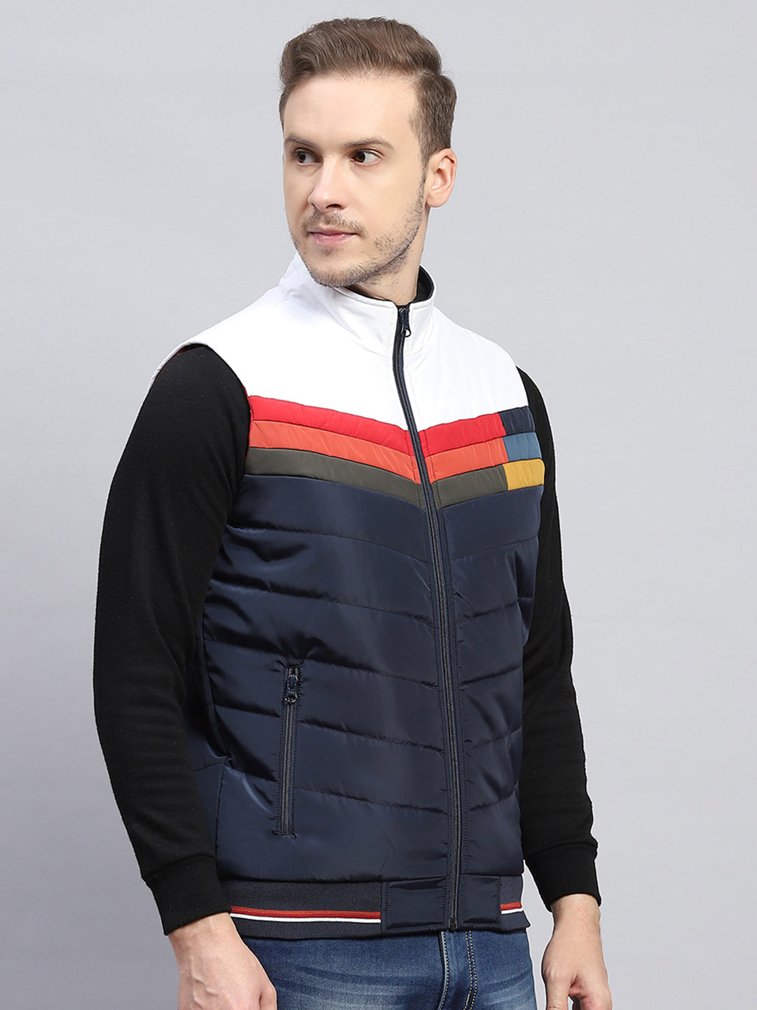 Men Navy Blue Self Design Mock Neck Sleeveless Jacket