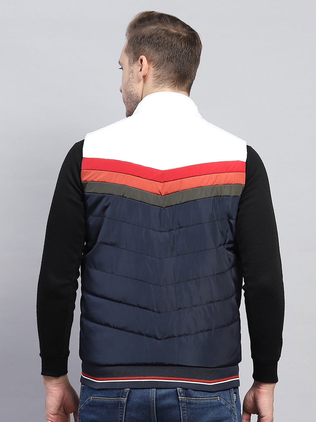 Men Navy Blue Self Design Mock Neck Sleeveless Jacket