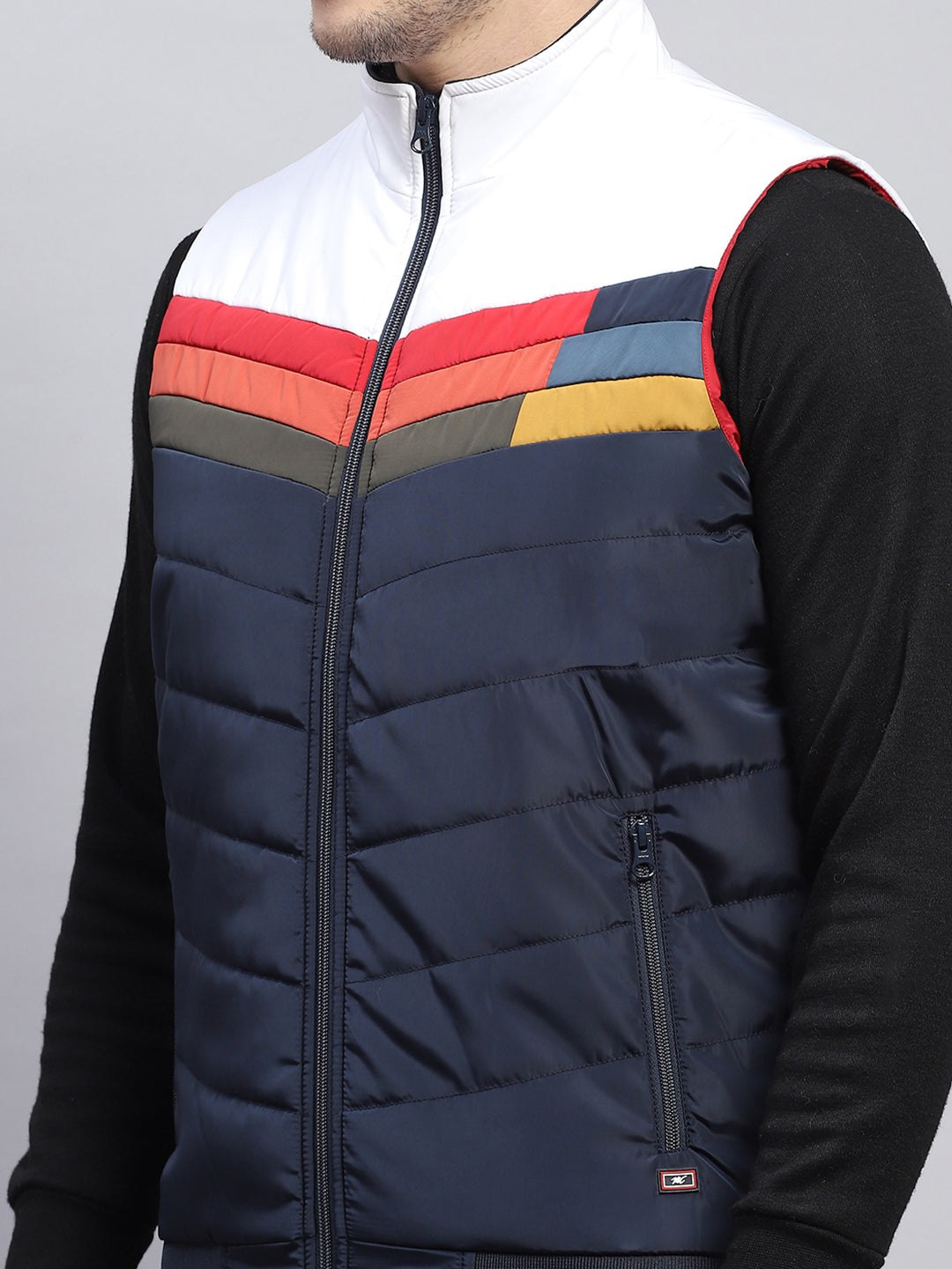 Men Navy Blue Self Design Mock Neck Sleeveless Jacket