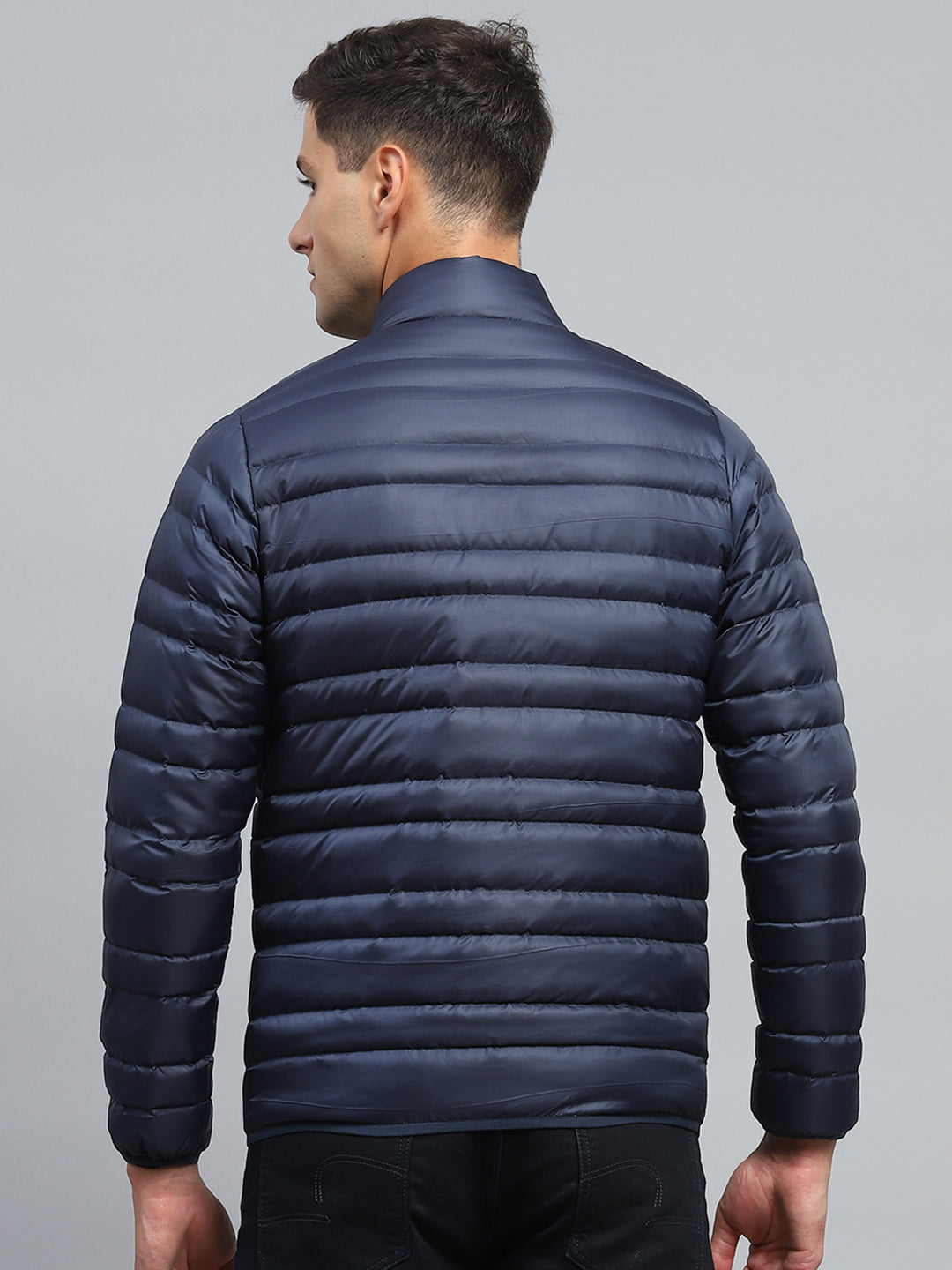 Men Blue Solid Mock Neck Full Sleeve Jacket