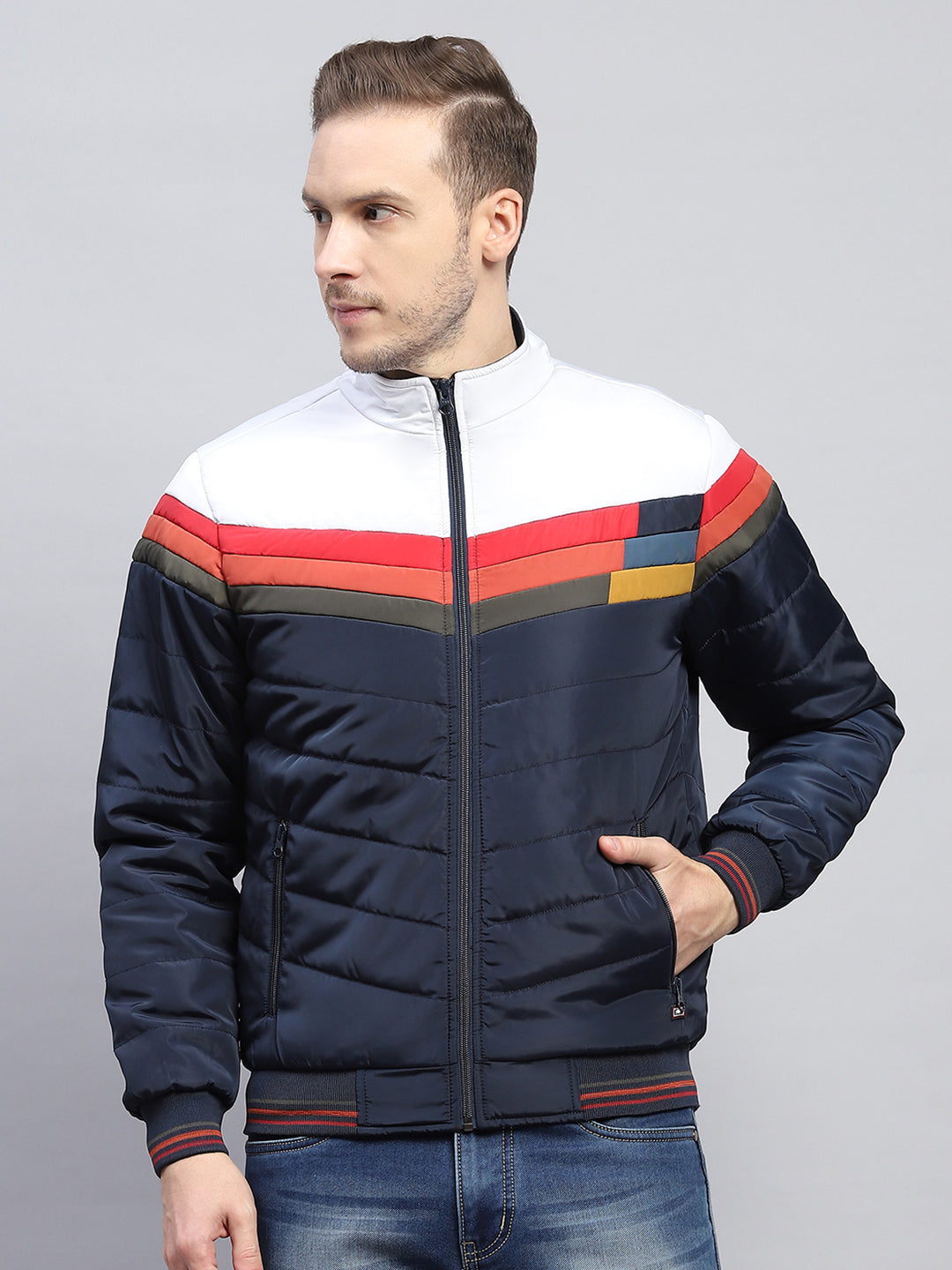 Men Navy Blue Solid Mock Neck Full Sleeve Jacket