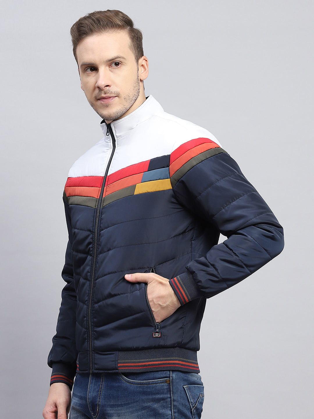 Men Navy Blue Solid Mock Neck Full Sleeve Jacket