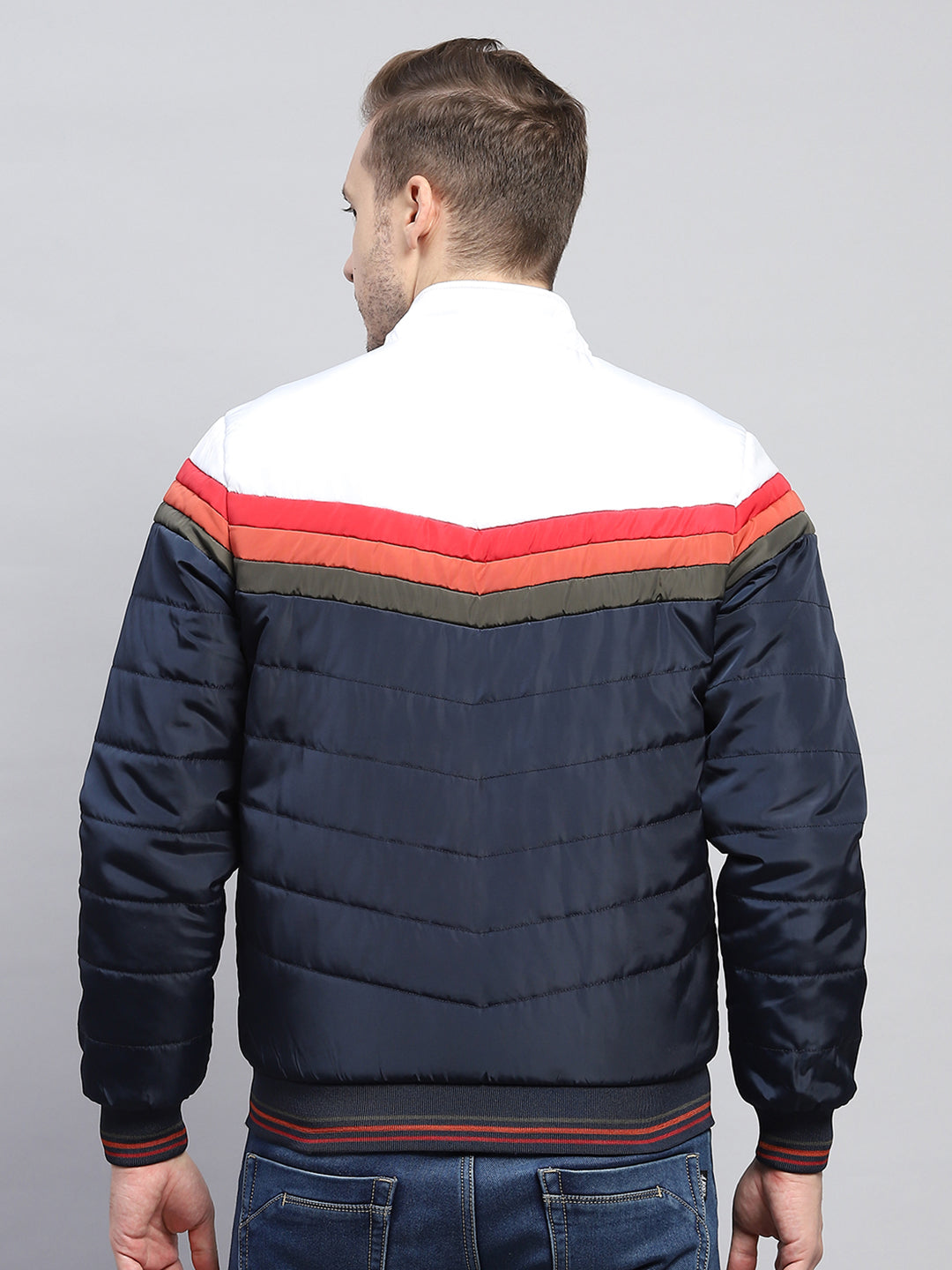 Men Navy Blue Solid Mock Neck Full Sleeve Jacket