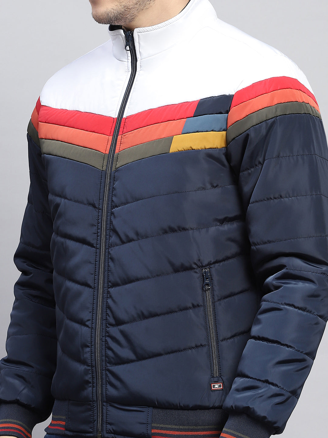 Men Navy Blue Solid Mock Neck Full Sleeve Jacket