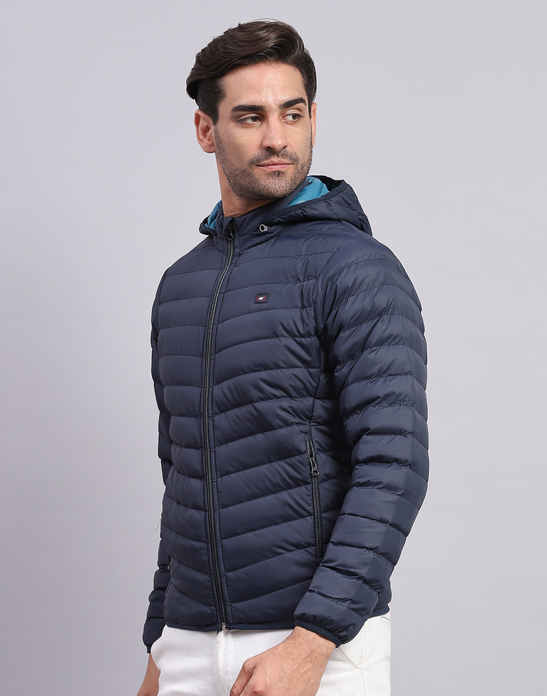 Men Navy Blue Solid Hooded Full Sleeve Jacket