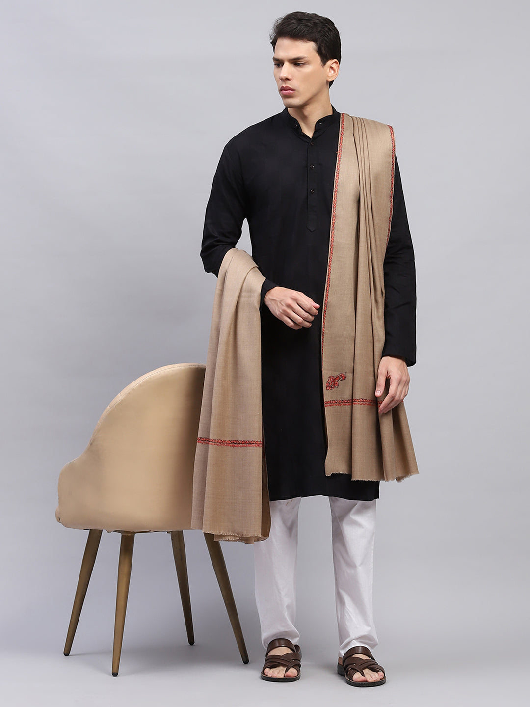 Men Beige Solid Lohi Shawl