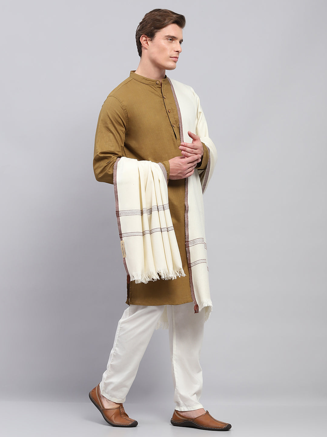 Men Cream Solid Lohi Shawl