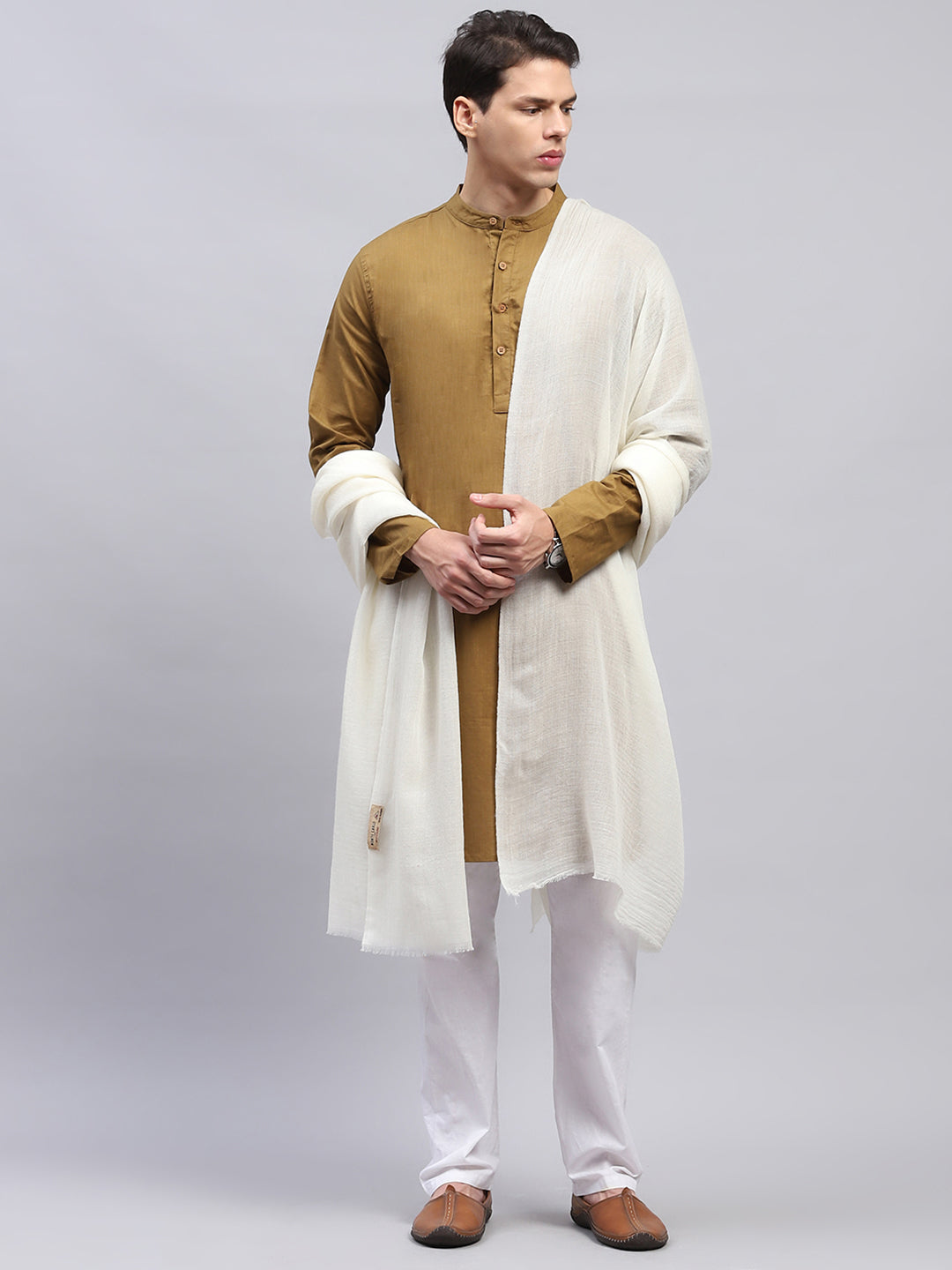 Men Cream Solid Lohi Shawl