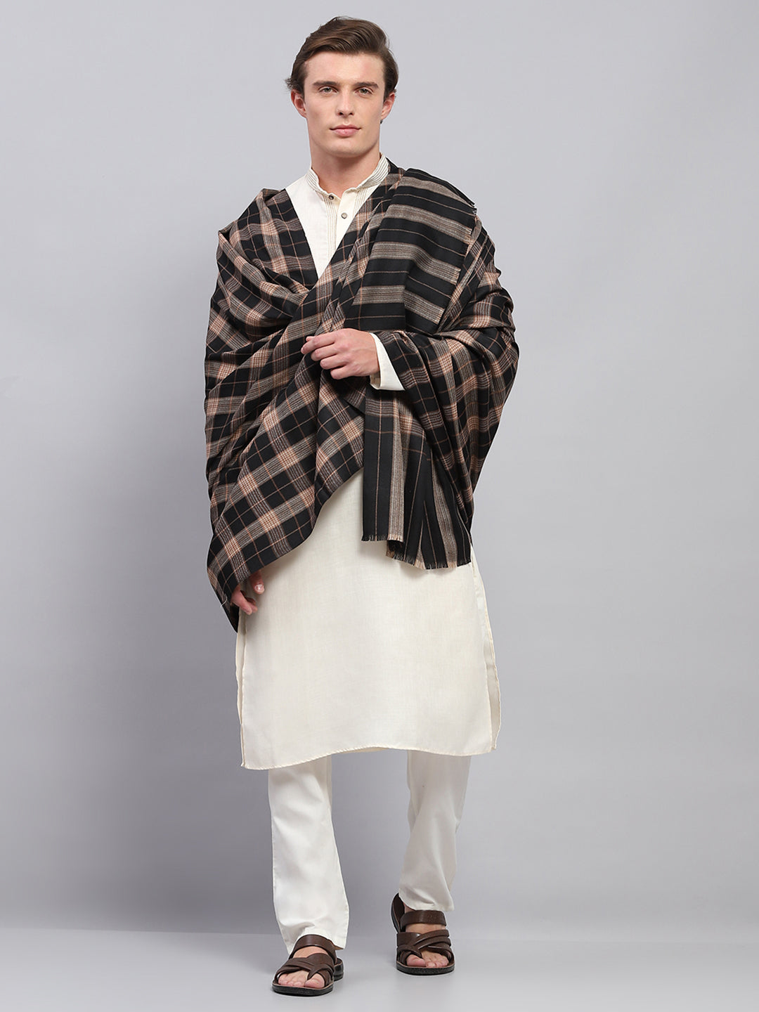 Men Beige & Black Self Design Lohi Shawl