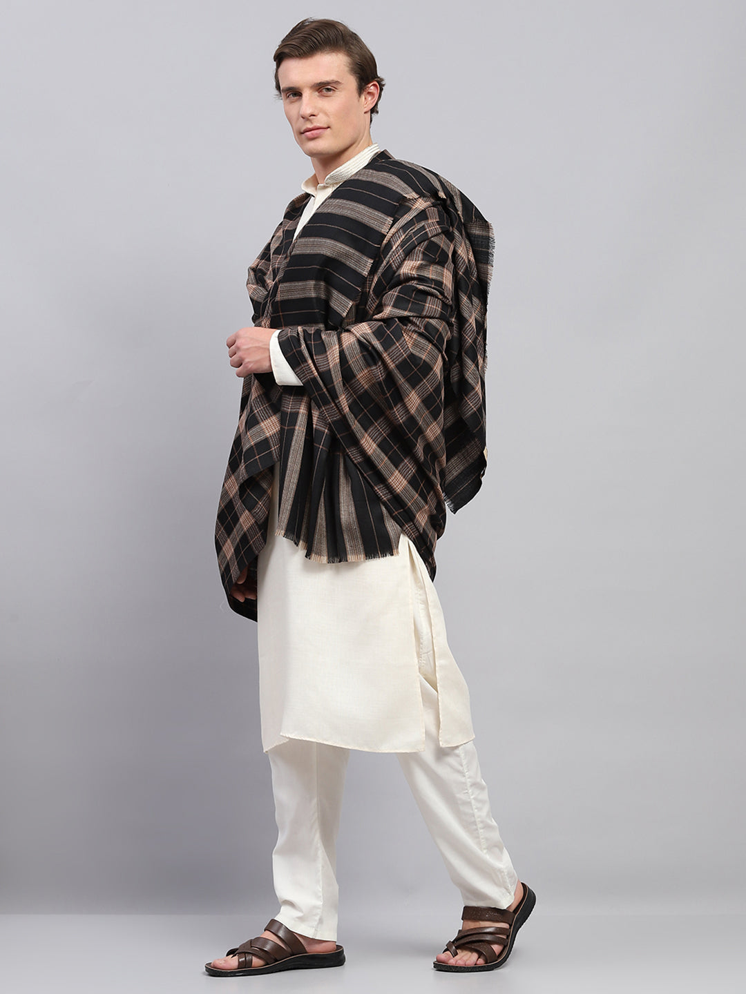 Men Beige & Black Self Design Lohi Shawl