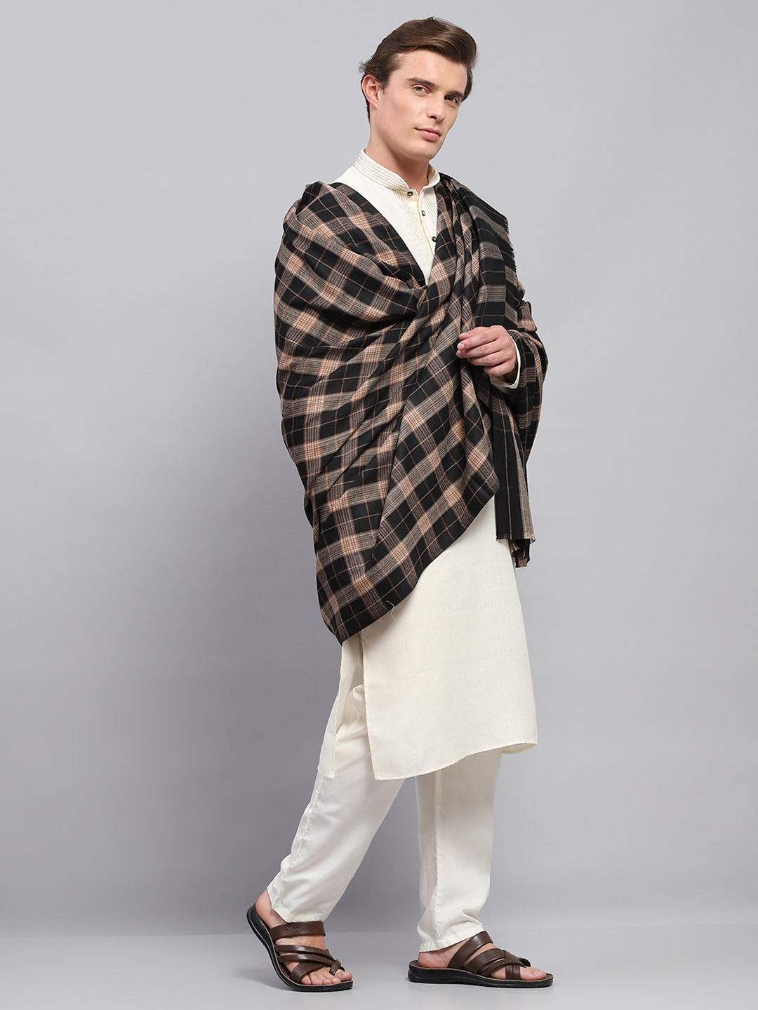 Men Beige & Black Self Design Lohi Shawl