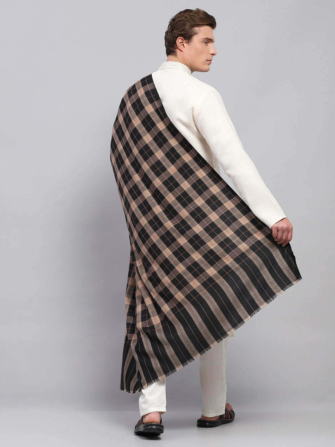 Men Beige & Black Self Design Lohi Shawl