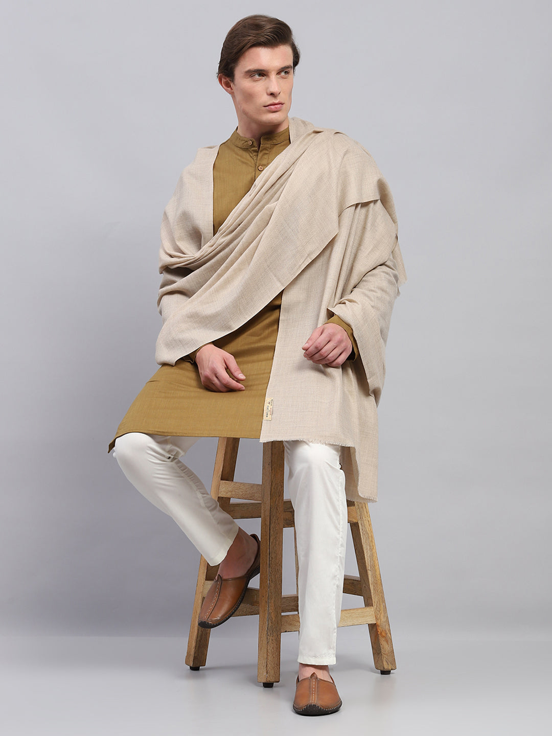 Men Beige Solid Lohi Shawl