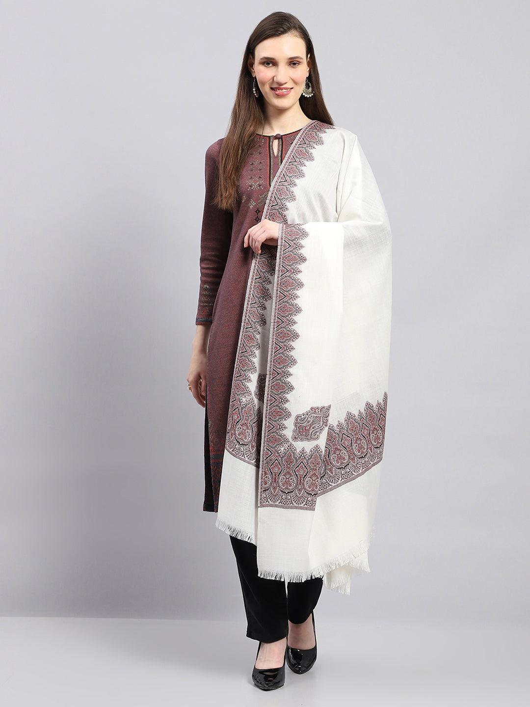 Women Off White Self Design Shawl