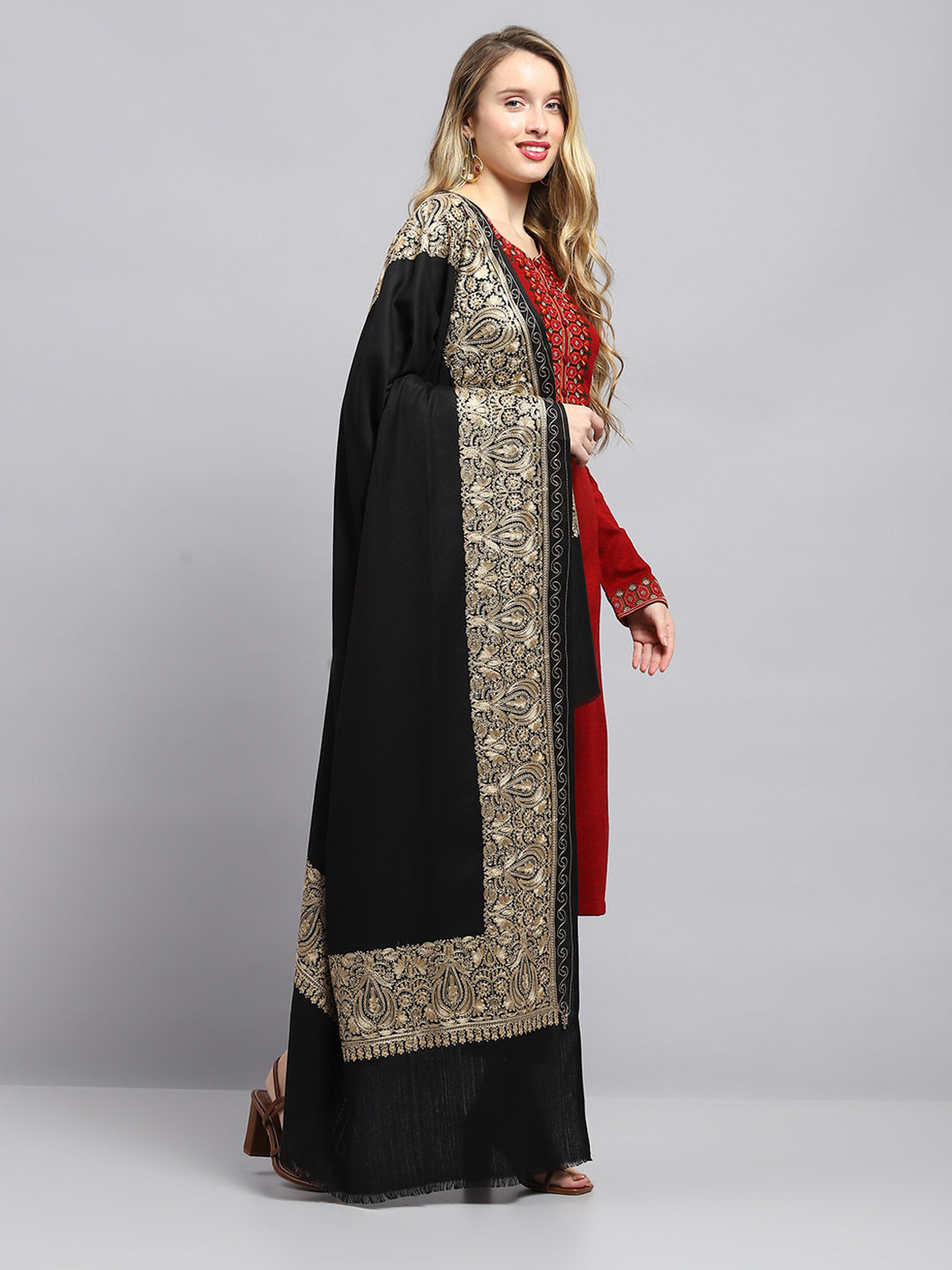 Women Black Self Design Shawl