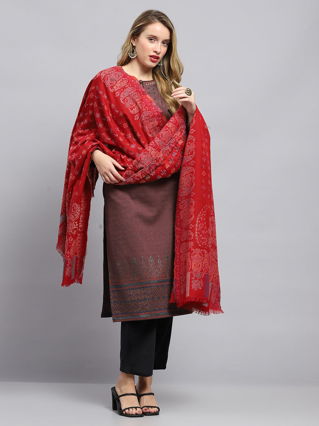 Women Red Self Design Shawl