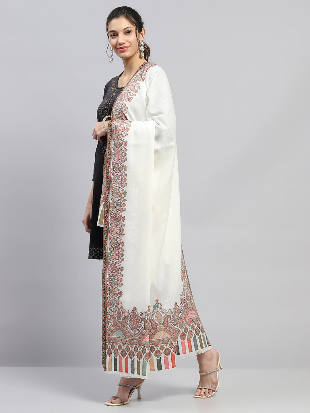 Women White Self Design Shawl