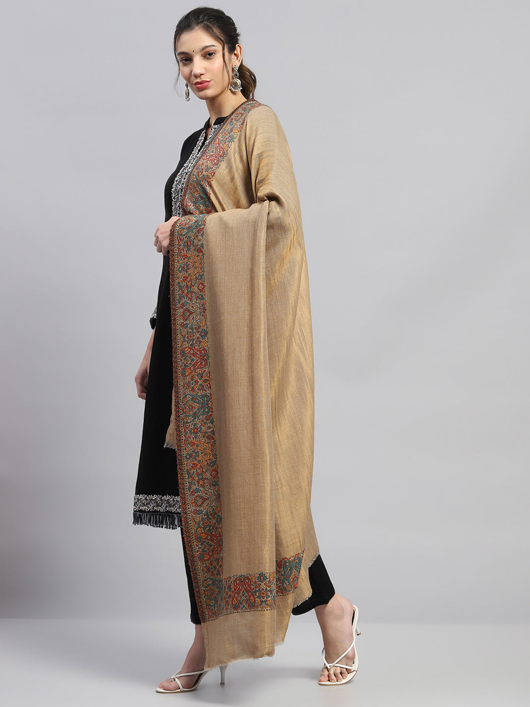 Women Beige Self Design Shawl