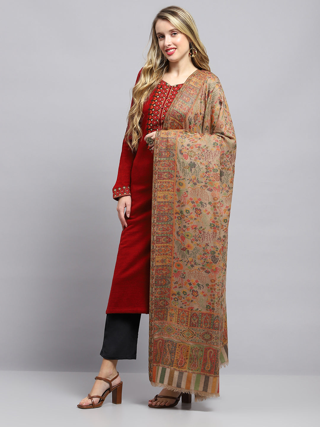 Women Beige Self Design Shawl