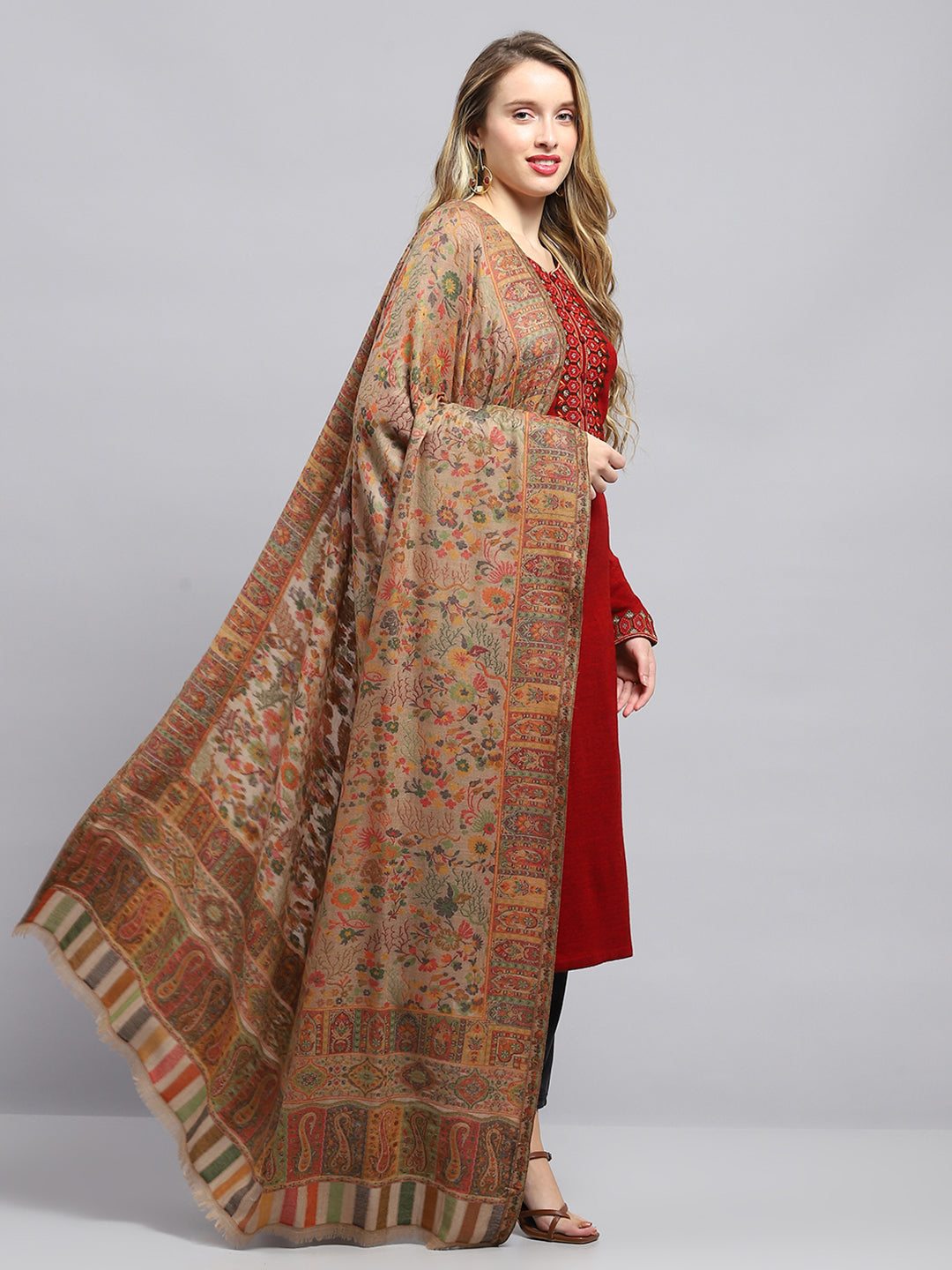 Women Beige Self Design Shawl