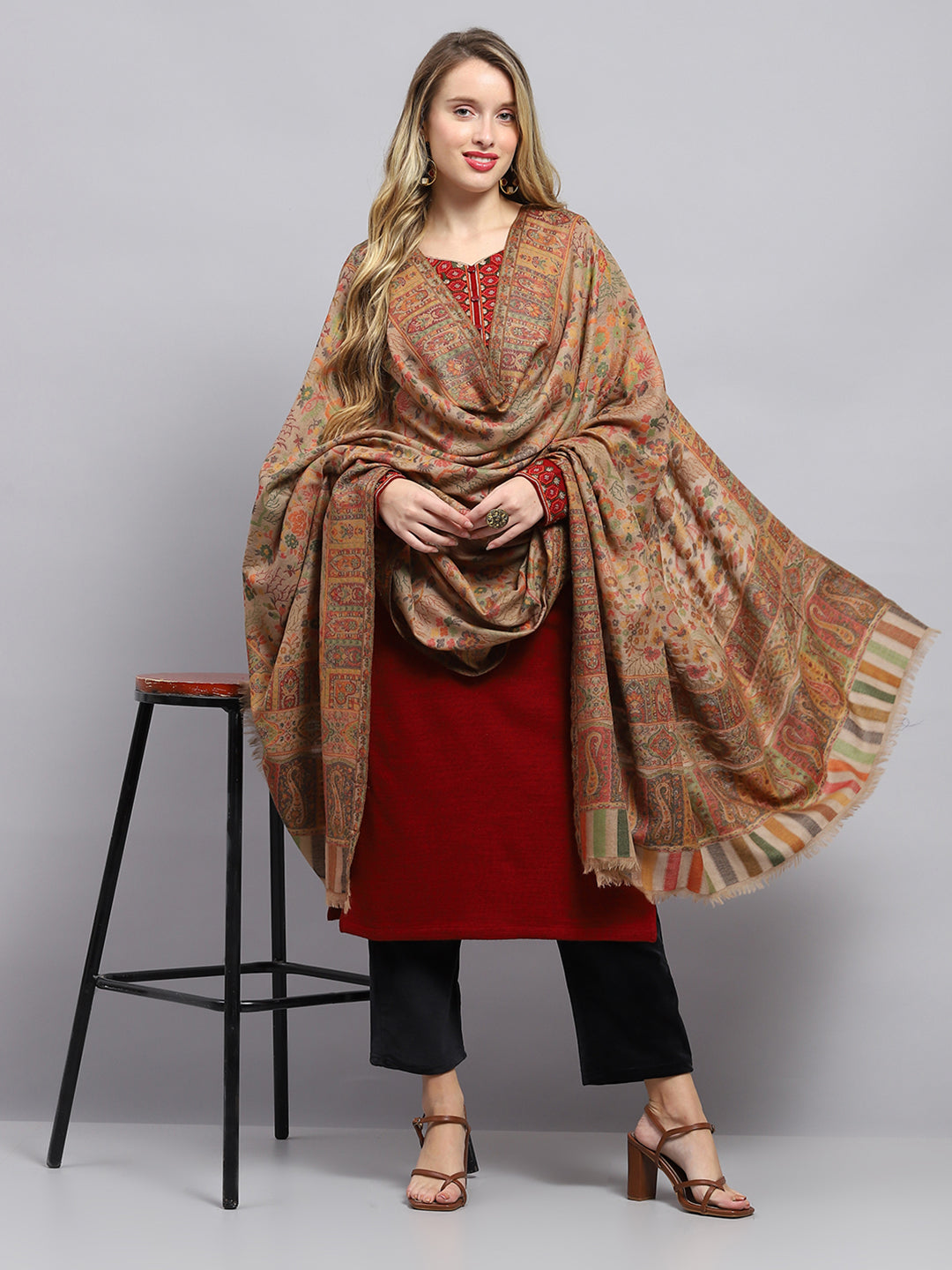 Women Beige Self Design Shawl