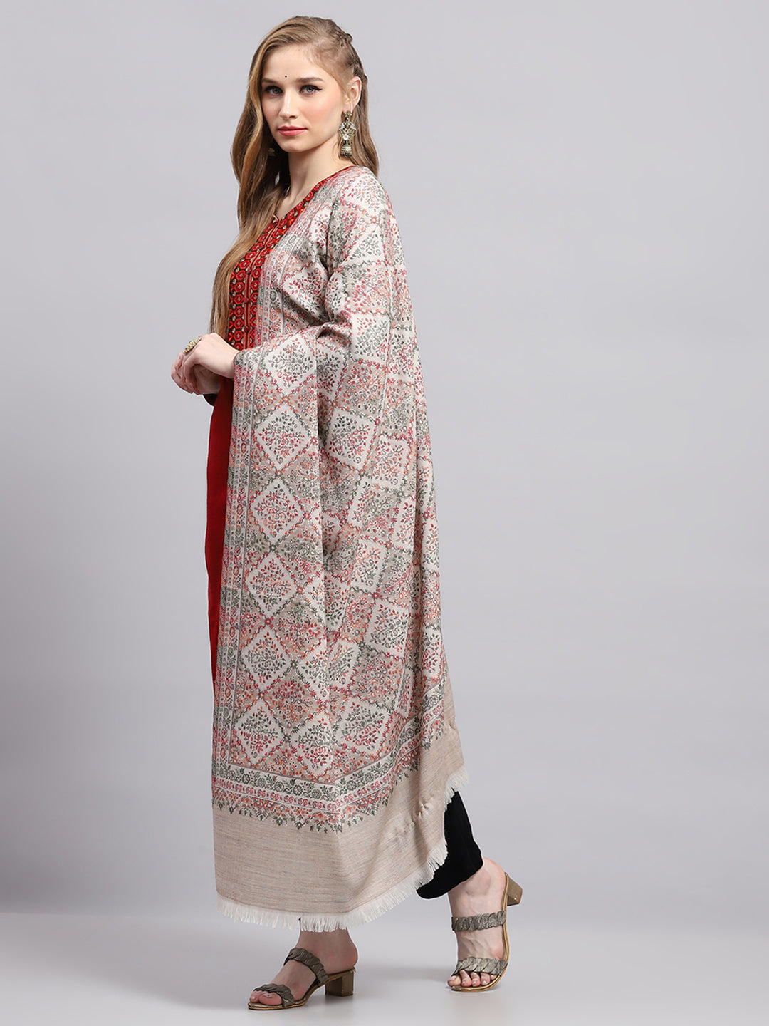 Women Beige Self Design Shawl