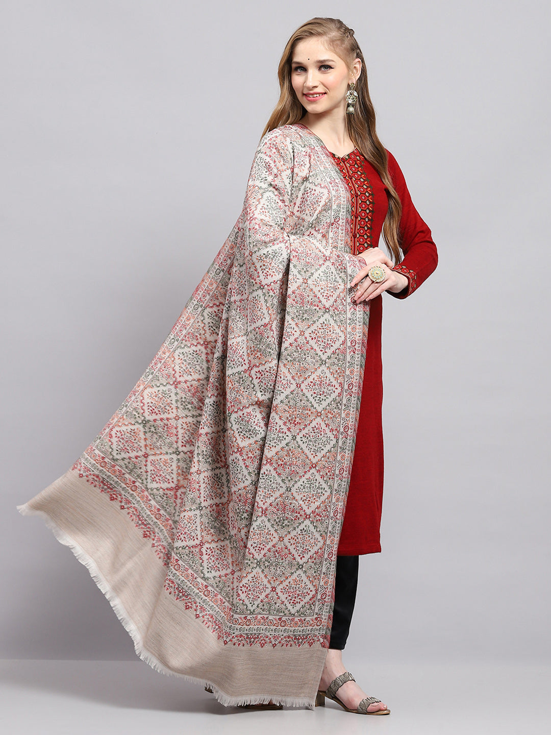 Women Beige Self Design Shawl