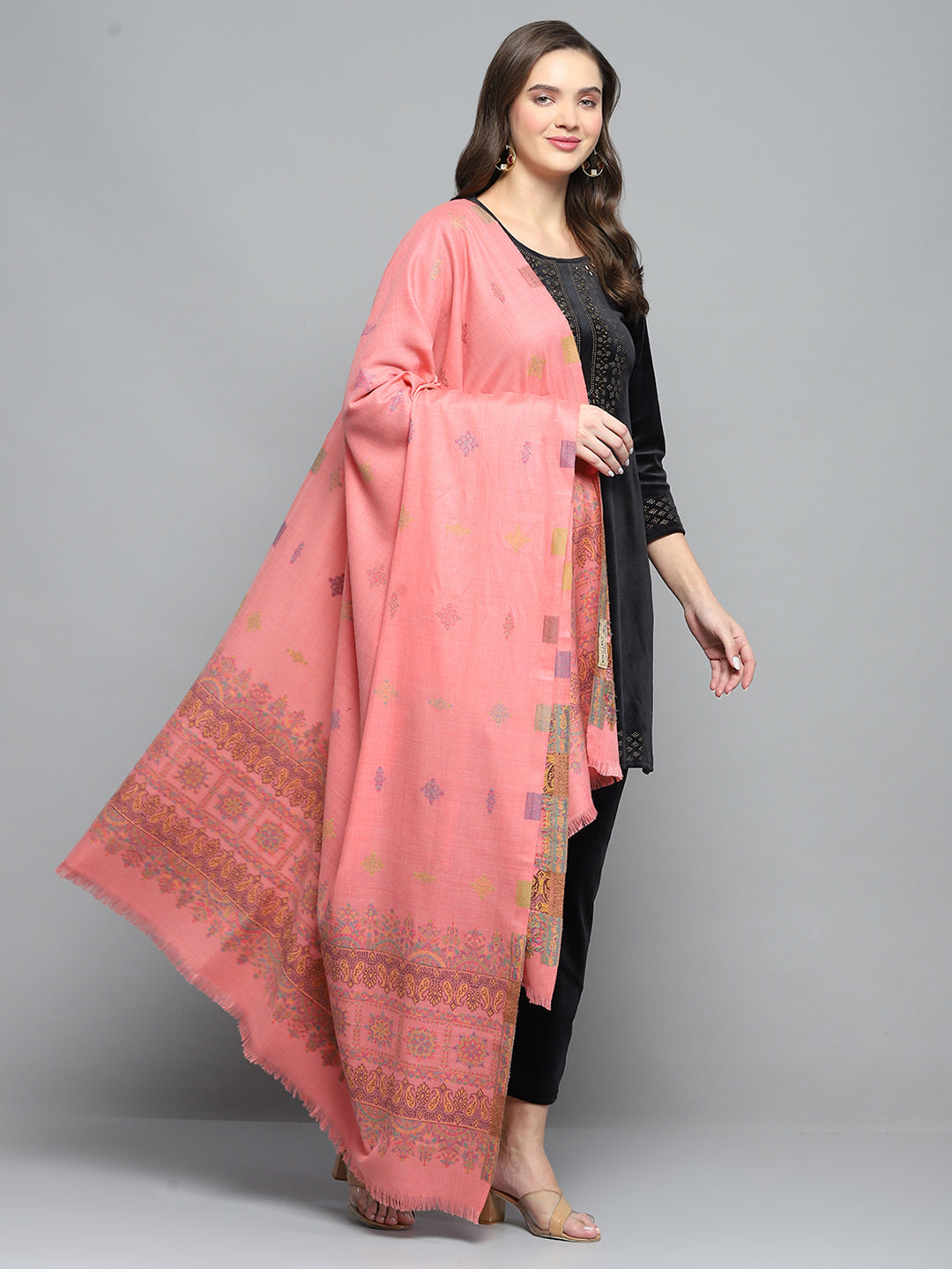 Women Peach Self Design Shawl