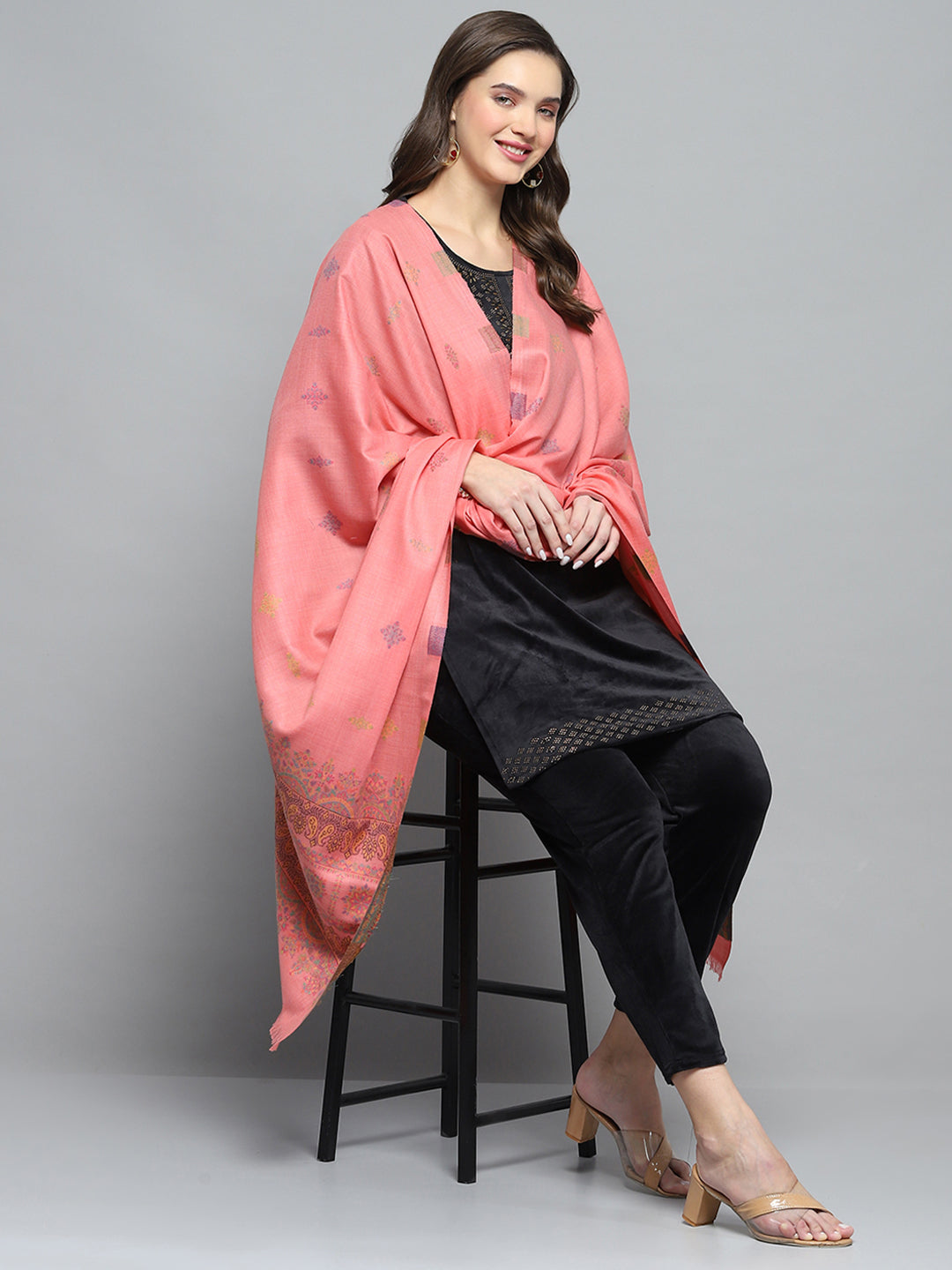 Women Peach Self Design Shawl