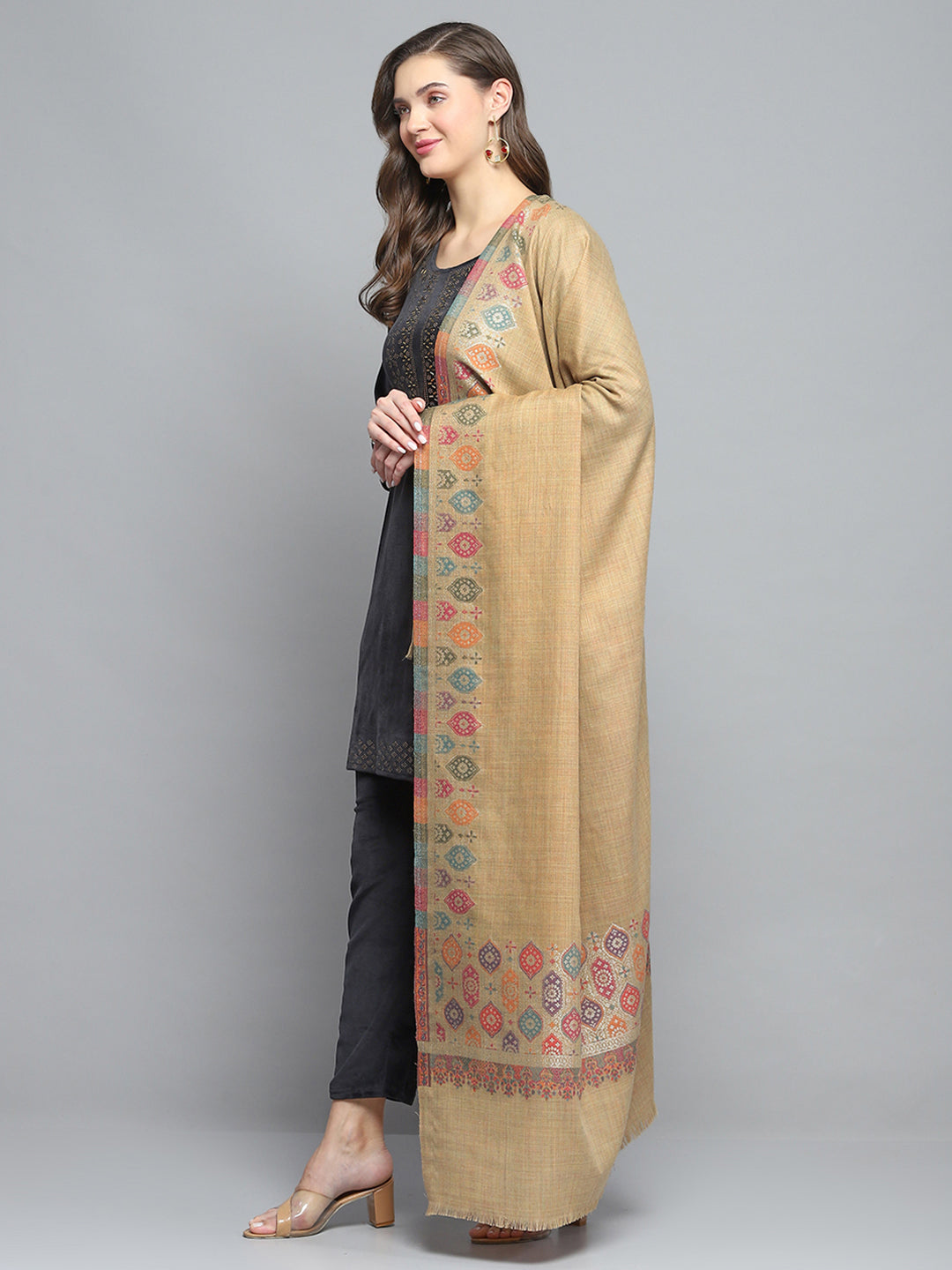 Women Khaki Self Design Shawl