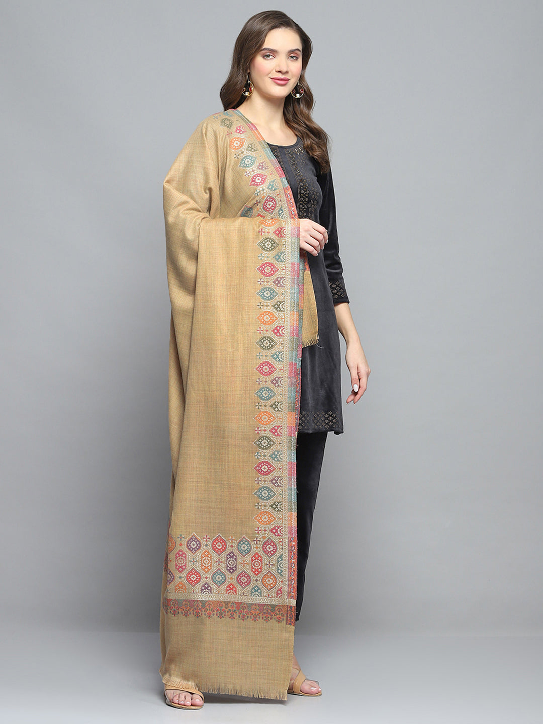 Women Khaki Self Design Shawl