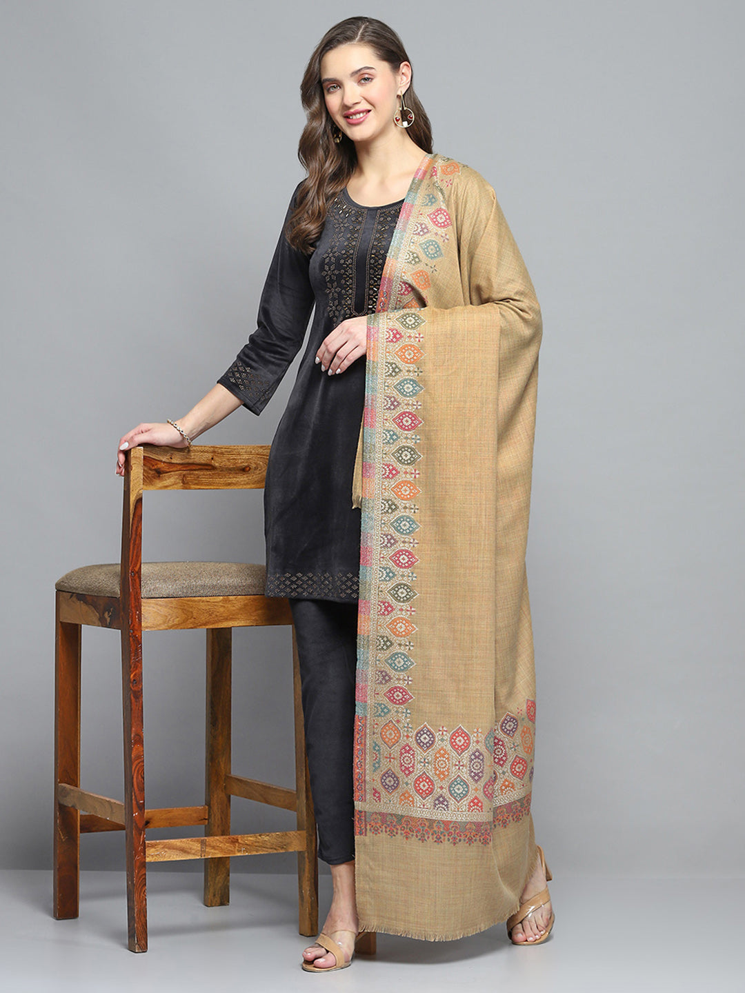 Women Khaki Self Design Shawl