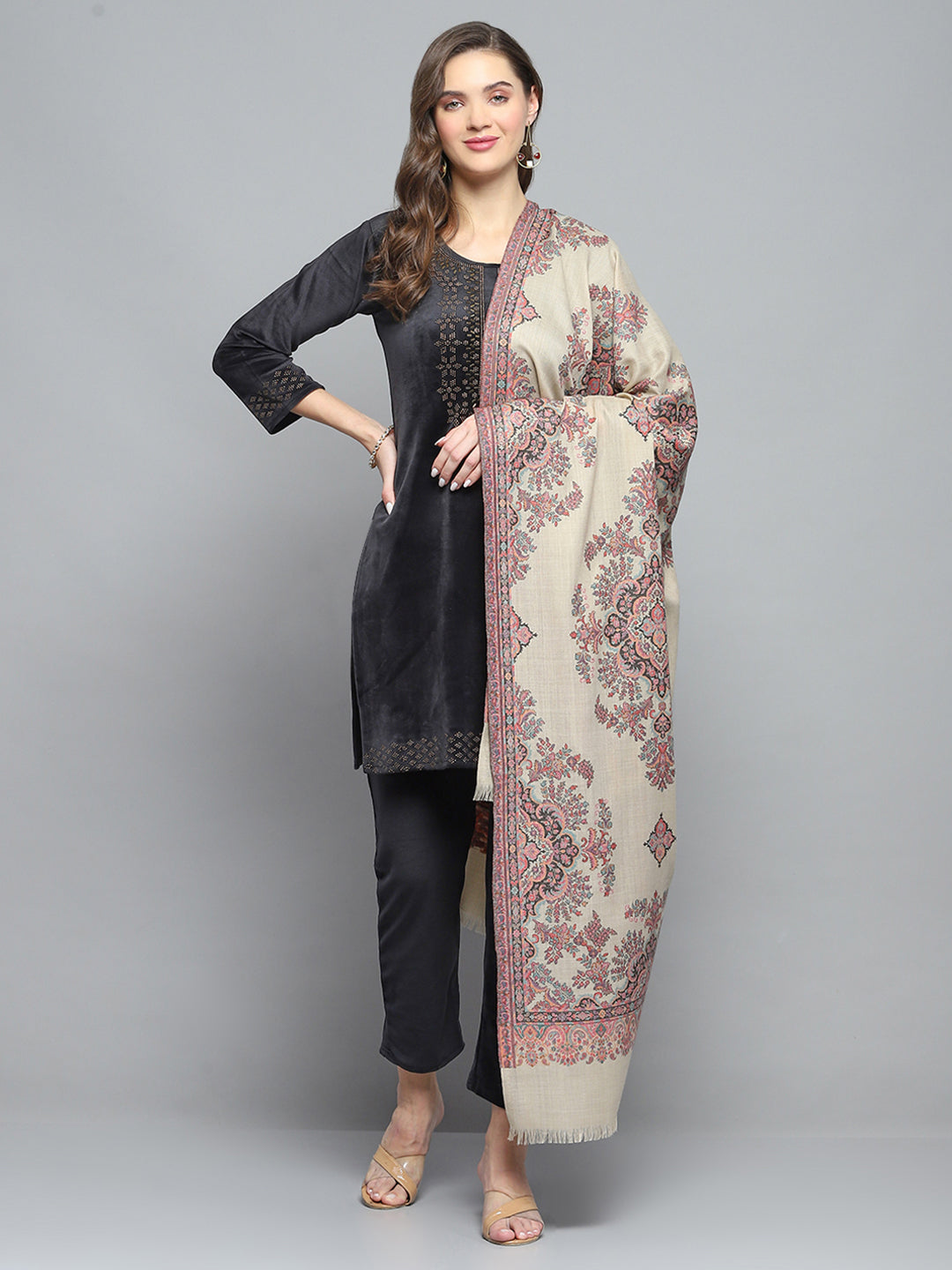 Women Beige Self Design Shawl