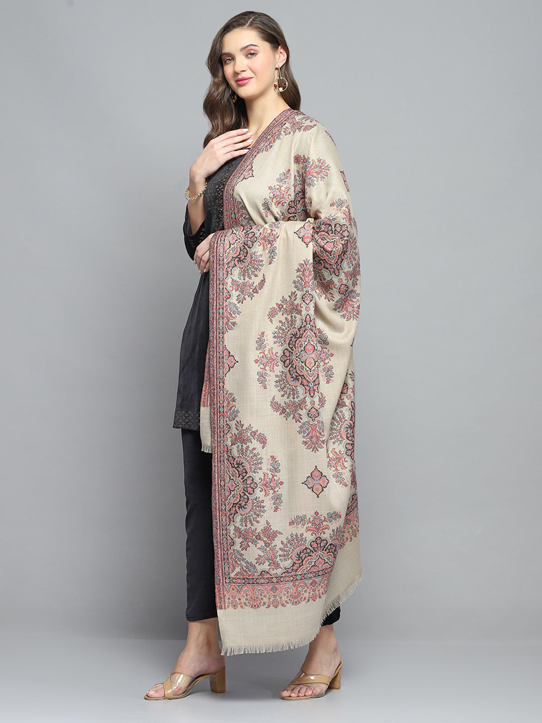 Women Beige Self Design Shawl