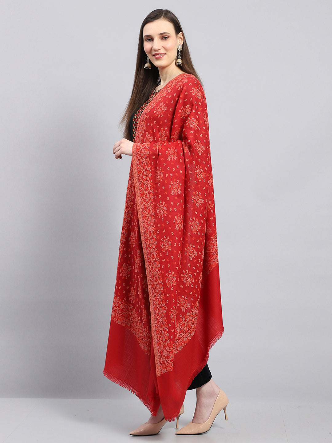 Women Red Self Design Shawl