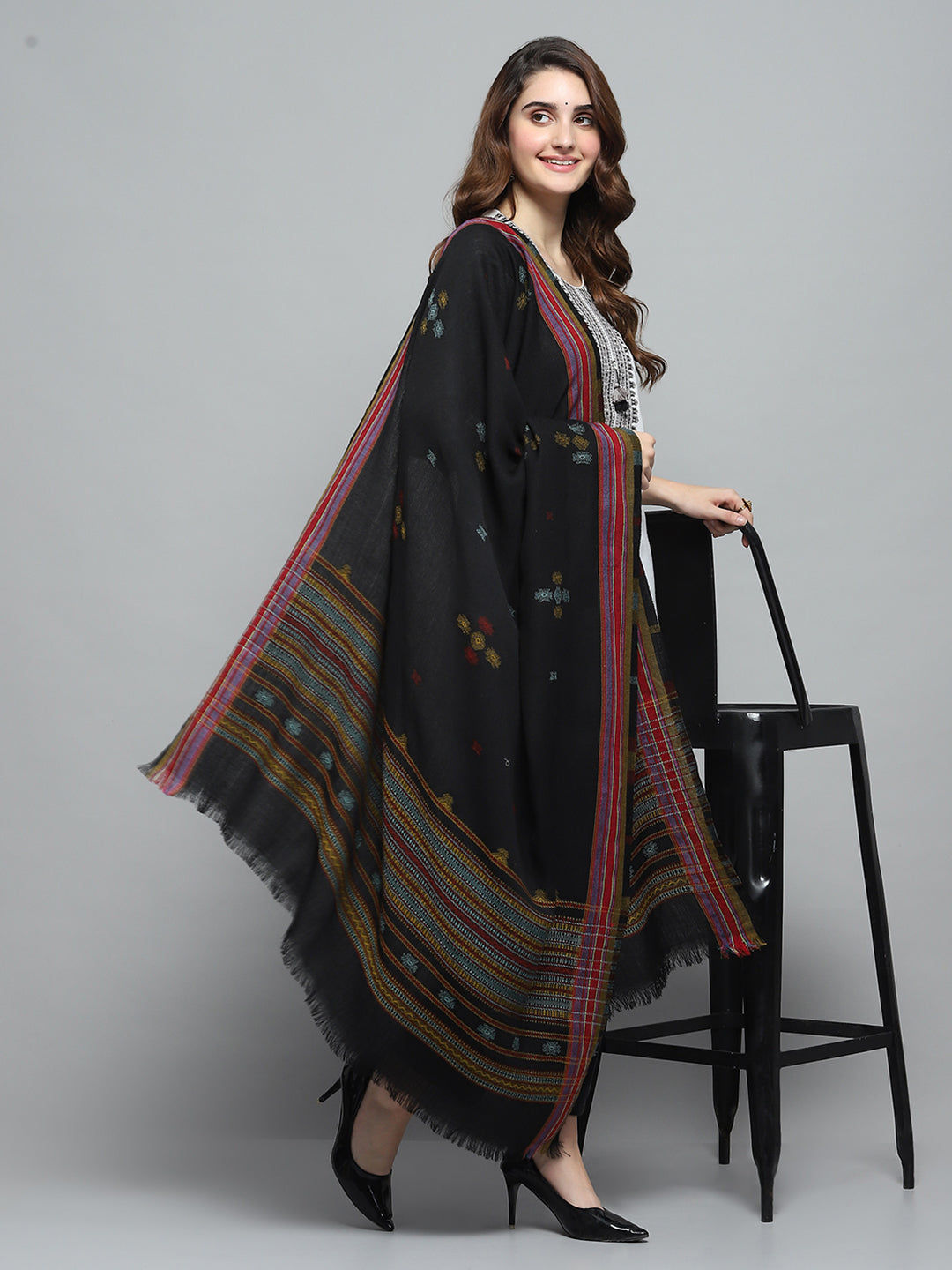 Women Black Self Design Shawl