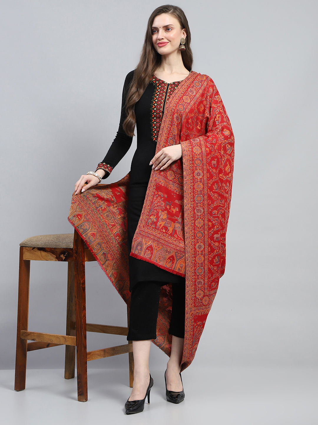 Women Red Self Design Shawl