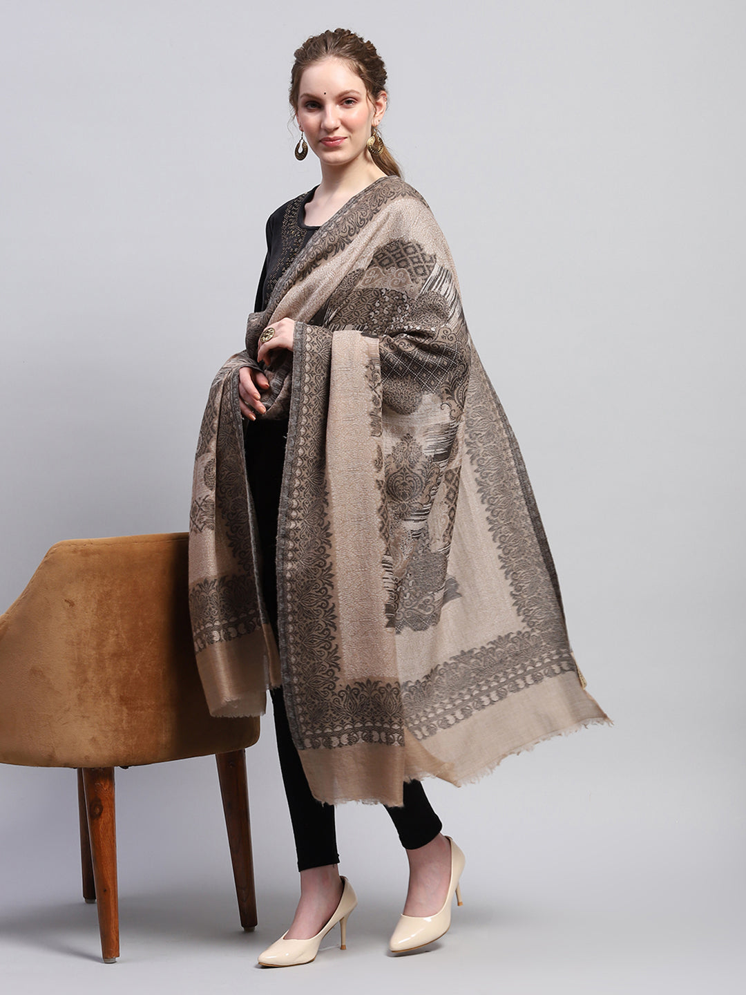 Women Beige Self Design Shawl